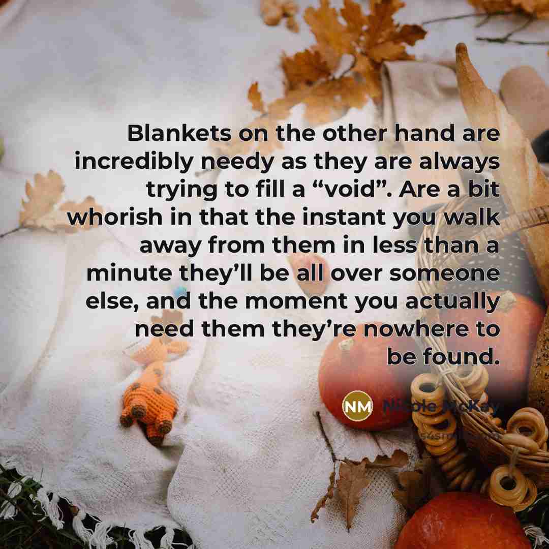 “Blankets on the other hand are incredibly needy as they…” quote by Nicole McKay