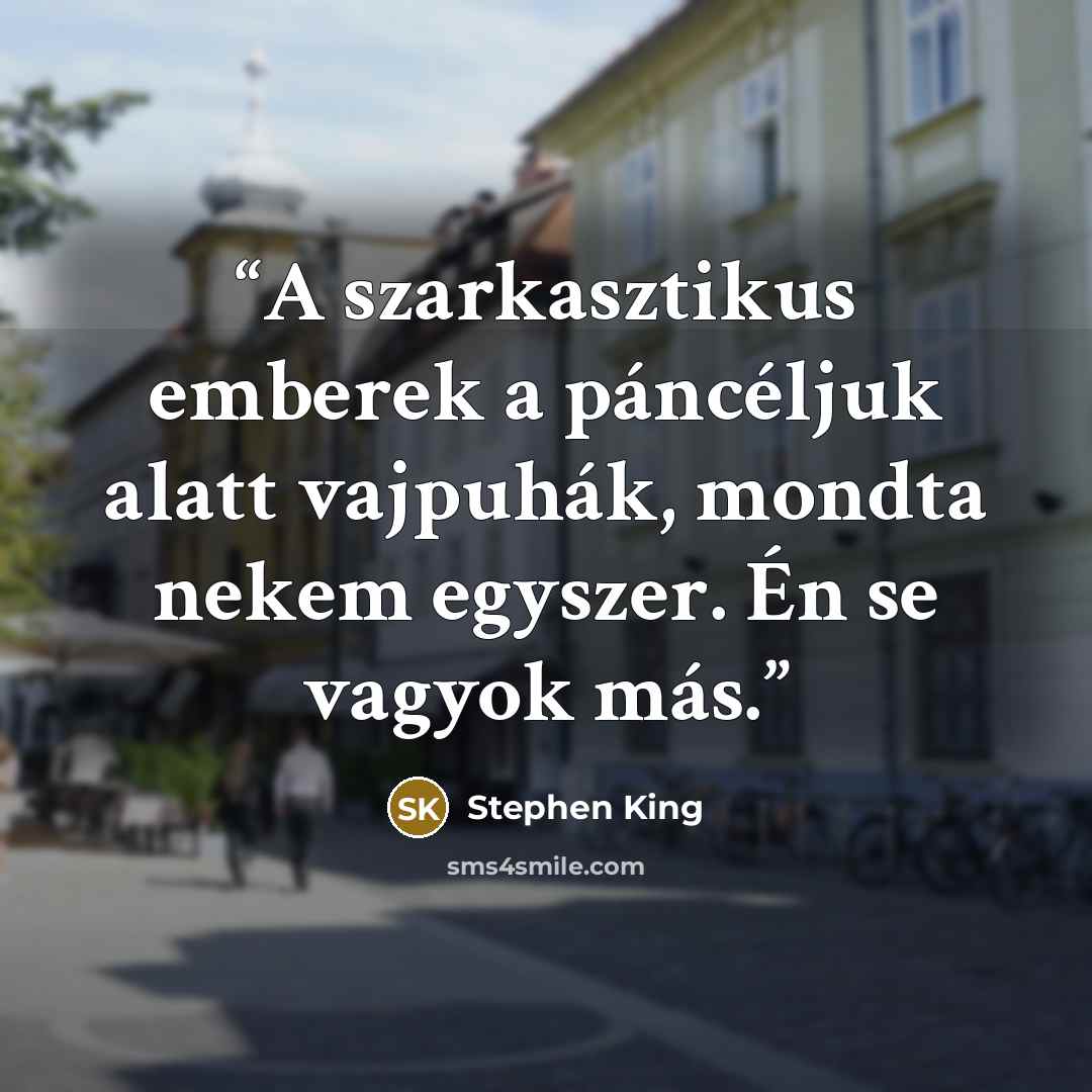 “A szarkasztikus emberek a páncéljuk alatt vajpuhák, mondta nekem egyszer. Én se vagyok más.” quote by Stephen King