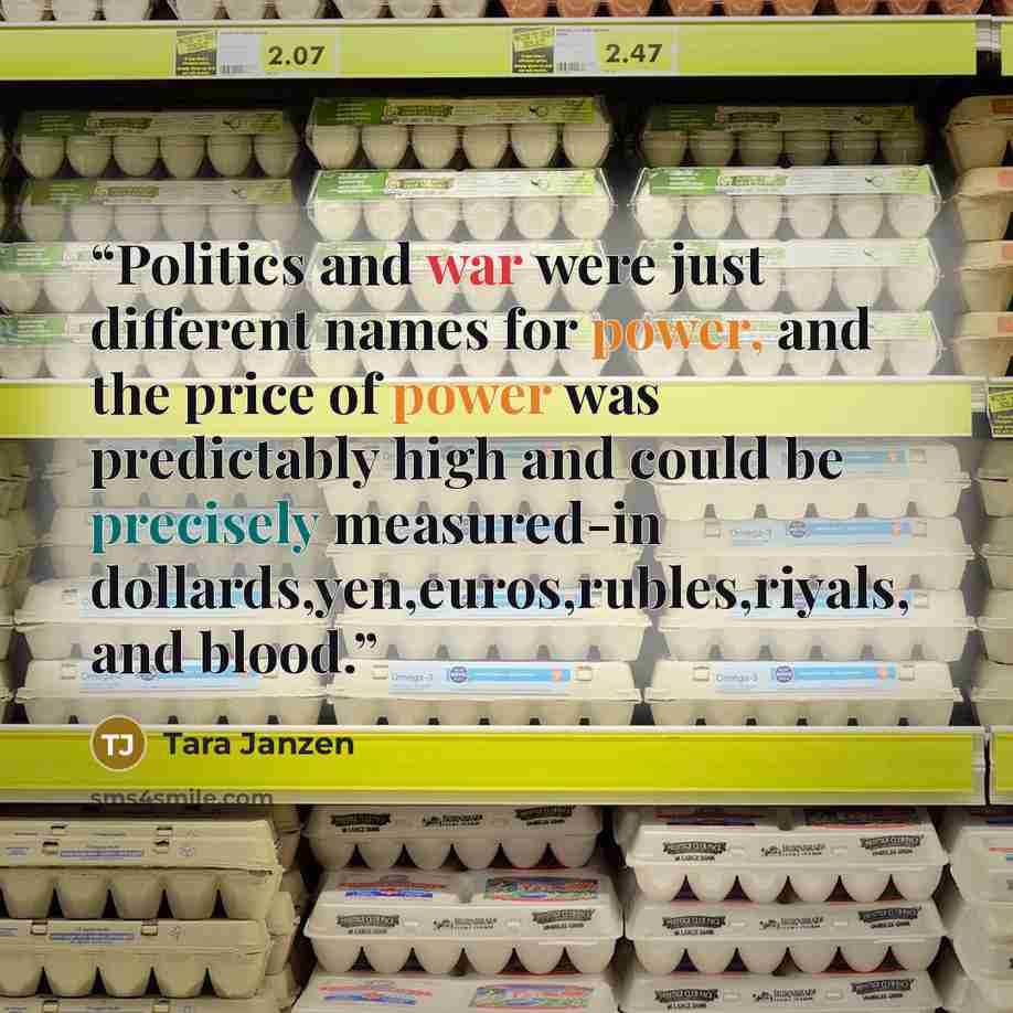 “Politics and war were just different names for power, and the price of power was predictably high and could be precisely measured-in dollards,yen,euros,rubles,riyals, and blood.” quote by Tara Janzen