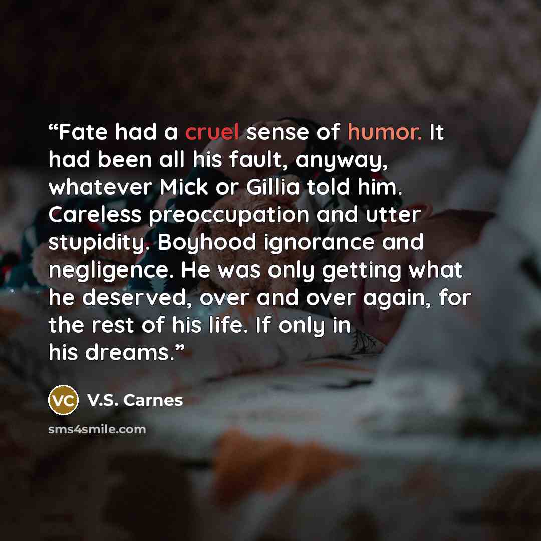 “Fate had a cruel sense of humor. It had been all his fault, anyway, whatever Mick or Gillia told him. Careless preoccupation and utter stupidity. Boyhood ignorance and negligence. He was only getting what he deserved, over and over again, for the rest of his life. If only in his dreams.” quote by V.S. Carnes