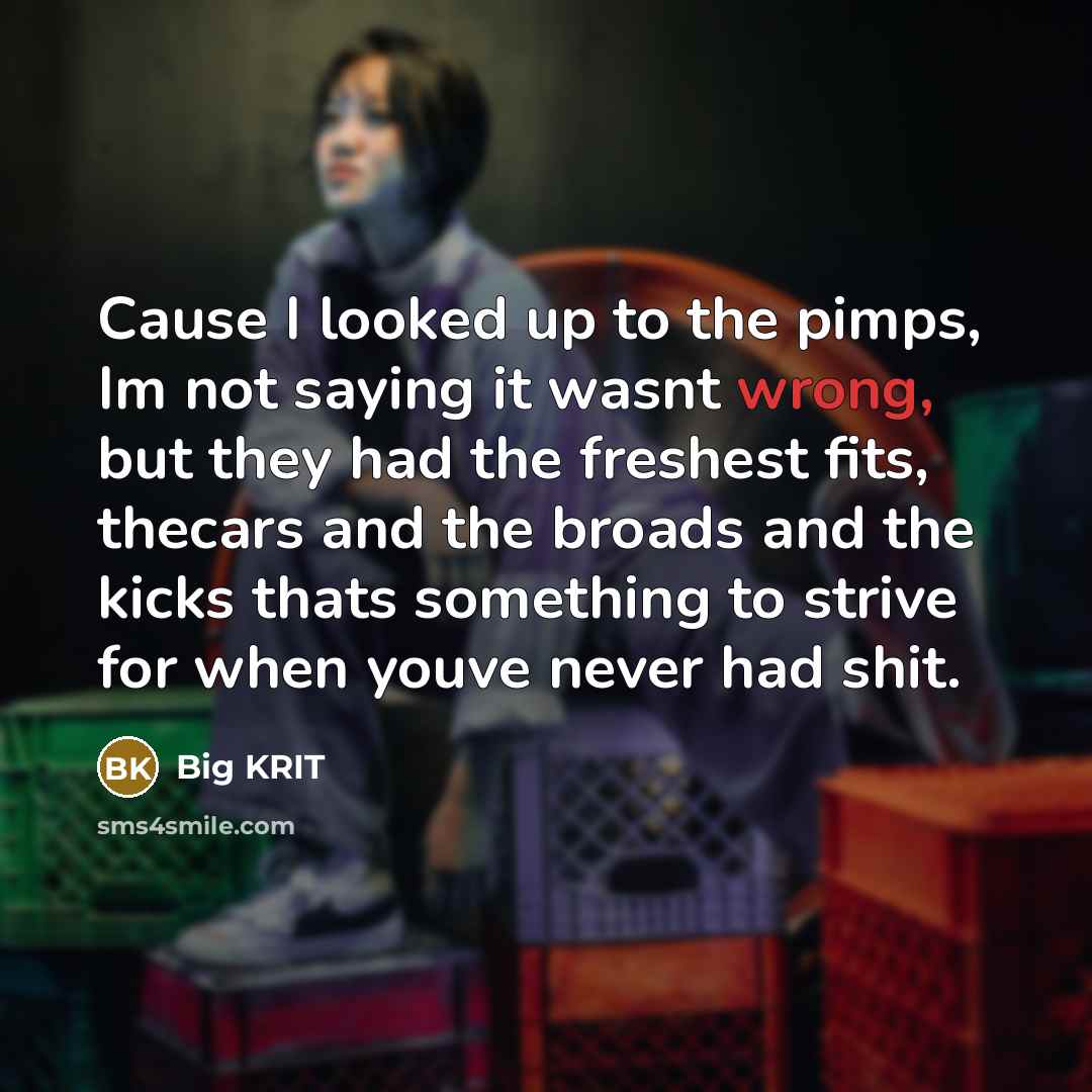 “Cause I looked up to the pimps, Im not saying it wasnt wrong, but they had the freshest fits, thecars and the broads and the kicks thats something to strive for when youve never had shit.” quote by Big KRIT
