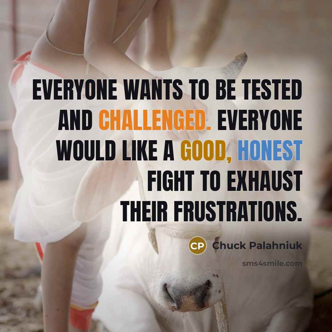 “Everyone wants to be tested and challenged. Everyone would like a good, honest fight to exhaust their frustrations.” quote by Chuck Palahniuk
