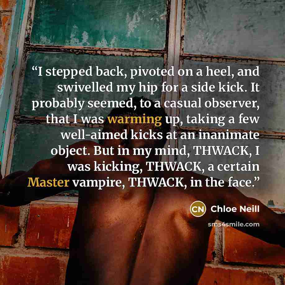 “I stepped back, pivoted on a heel, and swivelled my hip for a side kick. It probably seemed, to a casual observer, that I was warming up, taking a few well-aimed kicks at an inanimate object. But in my mind, THWACK, I was kicking, THWACK, a certain Master vampire, THWACK, in the face.” quote by Chloe Neill