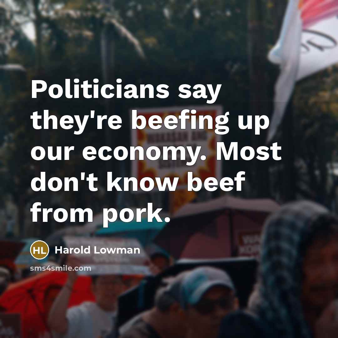 “Politicians say they're beefing up our economy. Most don't know beef from pork.” quote by Harold Lowman