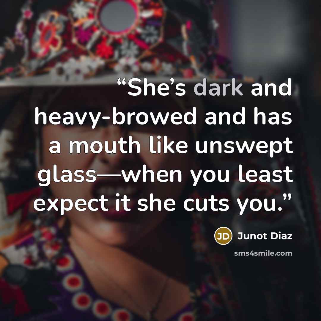 “She’s dark and heavy-browed and has a mouth like unswept glass—when you least expect it she cuts you.” quote by Junot Díaz
