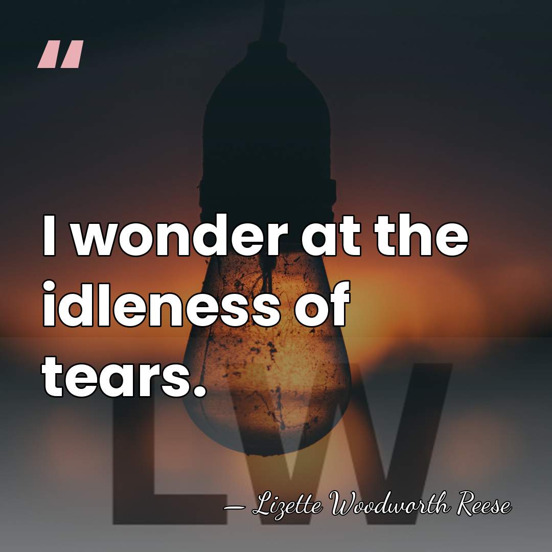 I wonder at the idleness of tears. - Lizette Woodworth Reese