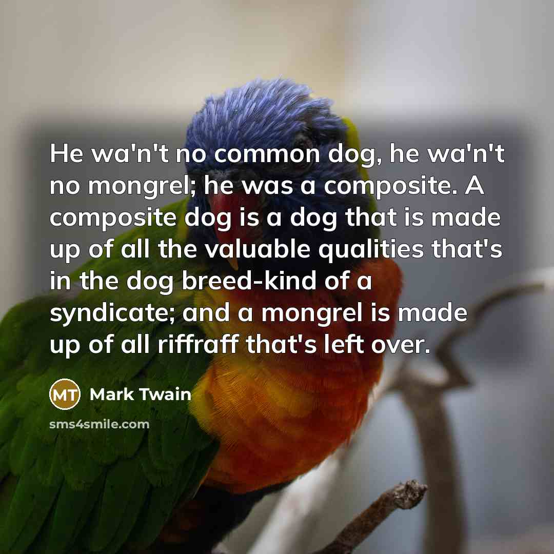 “He wa'n't no common dog, he wa'n't no mongrel; he was a composite. A composite dog is a dog that is made up of all the valuable qualities that's in the dog breed-kind of a syndicate; and a mongrel is made up of all riffraff that's left over.” quote by Mark Twain
