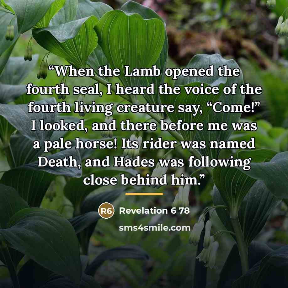 “When the Lamb opened the fourth seal, I heard the voice of the fourth living creature say, “Come!” I looked, and there before me was a pale horse! Its rider was named Death, and Hades was following close behind him.” quote by Revelation 6 78