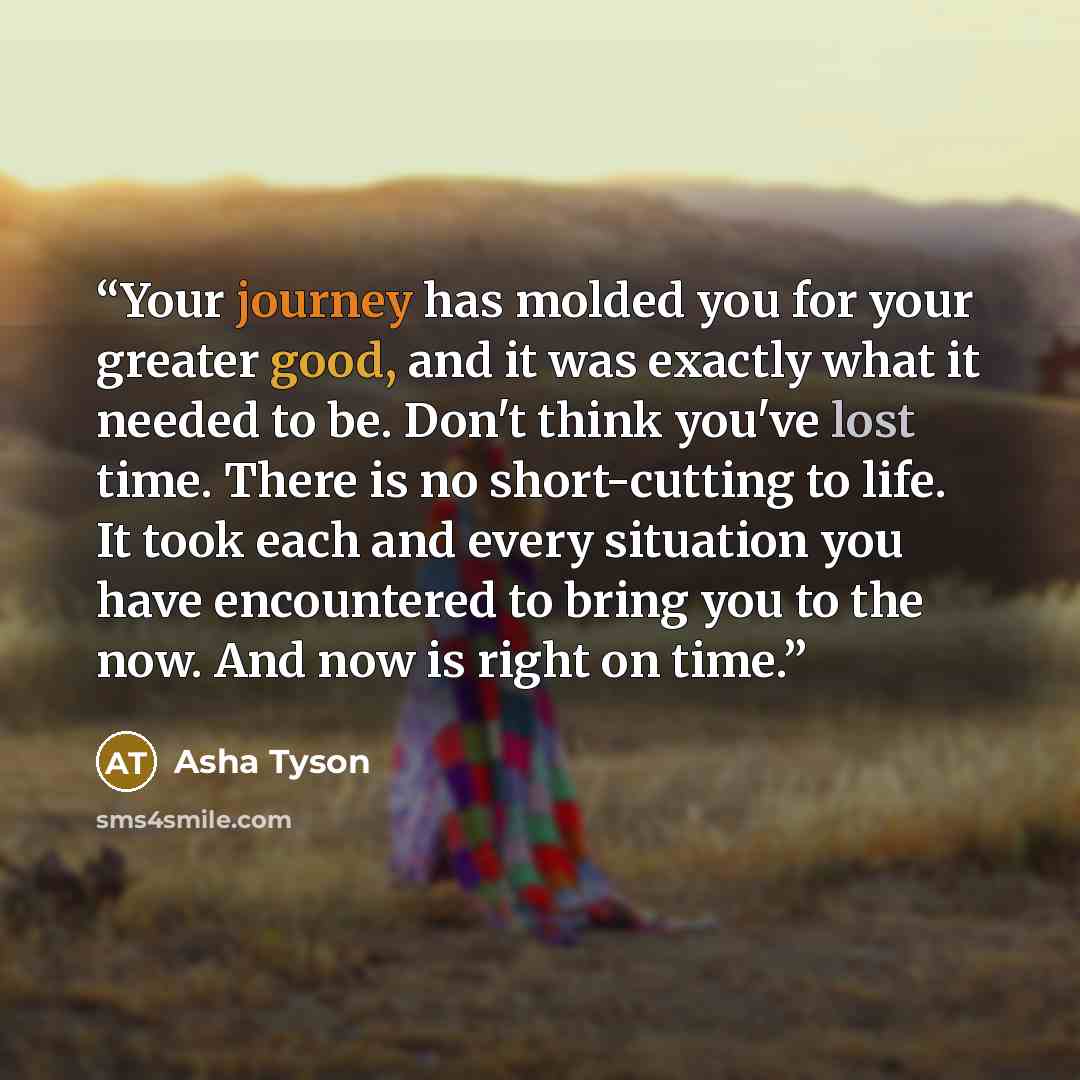 “Your journey has molded you for your greater good, and it was exactly what it needed to be. Don't think you've lost time. There is no short-cutting to life. It took each and every situation you have encountered to bring you to the now. And now is right on time.” quote by Asha Tyson