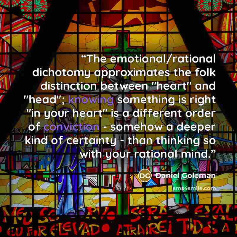 “The emotional/rational dichotomy approximates the folk distinction between "heart" and "head"; knowing something is right "in your heart" is a different order of conviction - somehow a deeper kind of certainty - than thinking so with your rational mind.” quote by Daniel Goleman