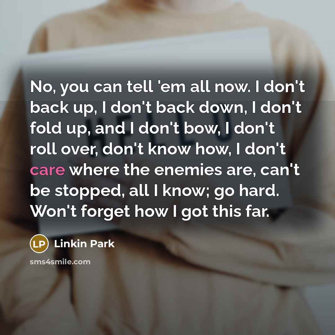 “No, you can tell 'em all now. I don't back…” quote by Linkin Park