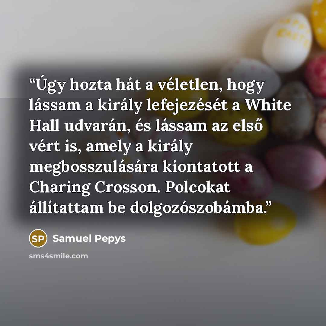 “Úgy hozta hát a véletlen, hogy lássam a király lefejezését a White Hall udvarán, és lássam az első vért is, amely a király megbosszulására kiontatott a Charing Crosson. Polcokat állítattam be dolgozószobámba.” quote by Samuel Pepys