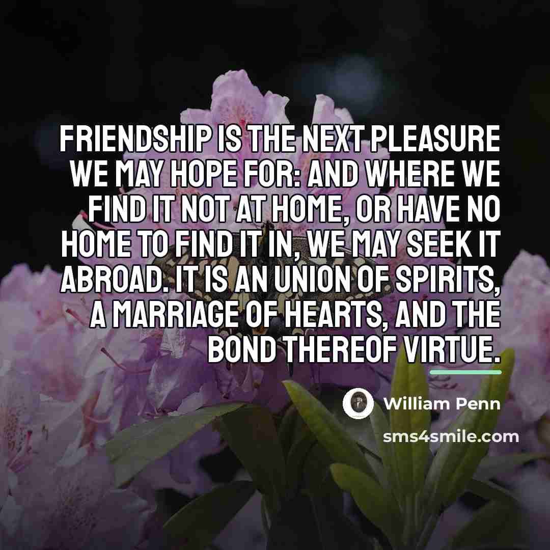 “Friendship is the next pleasure we may hope for: and…” quote by William Penn