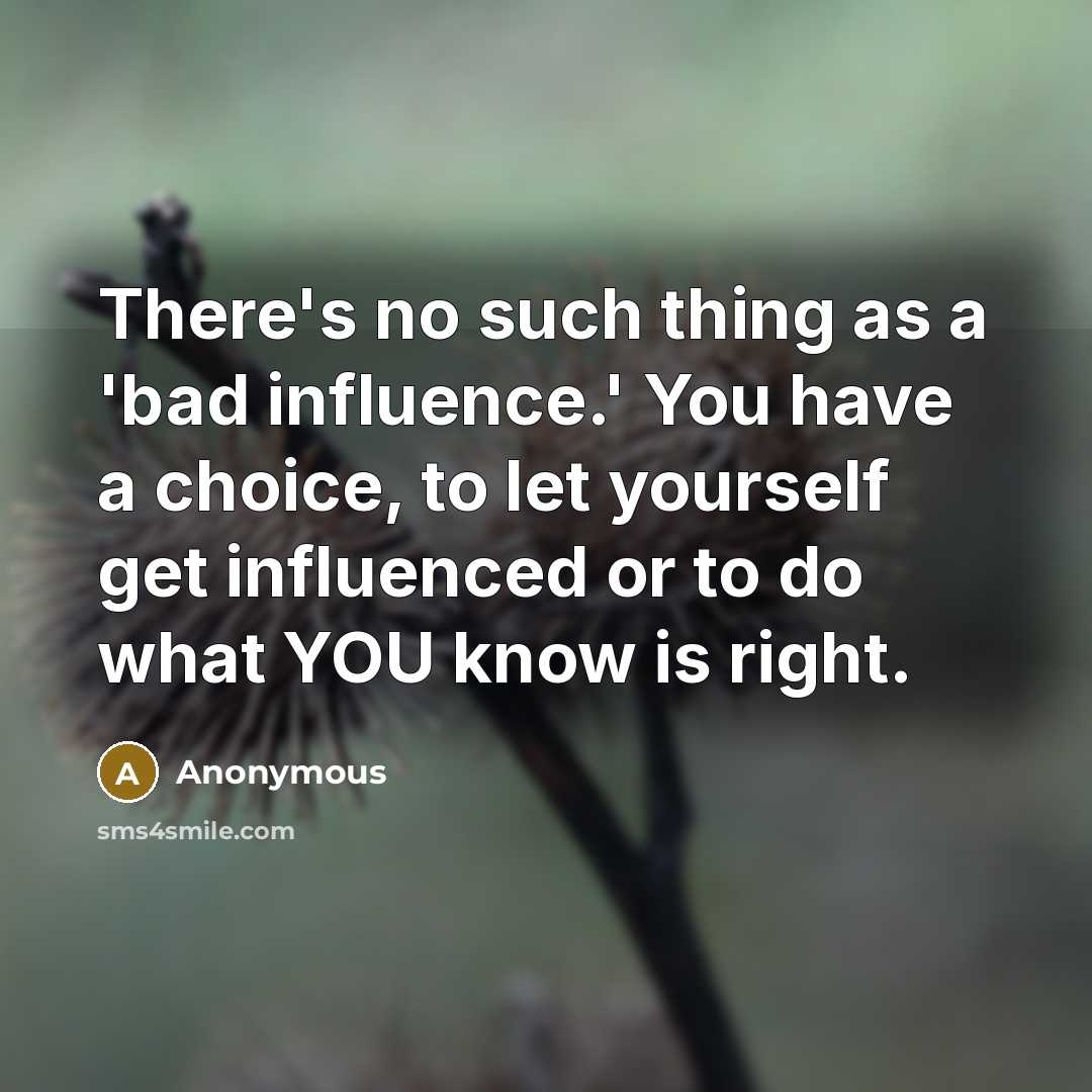 “There's no such thing as a 'bad influence.' You have a choice, to let yourself get influenced or to do what YOU know is right.” quote by Anonymous