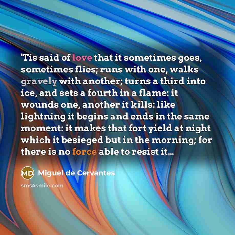 “'Tis said of love that it sometimes goes, sometimes flies;…” quote by Miguel de Cervantes