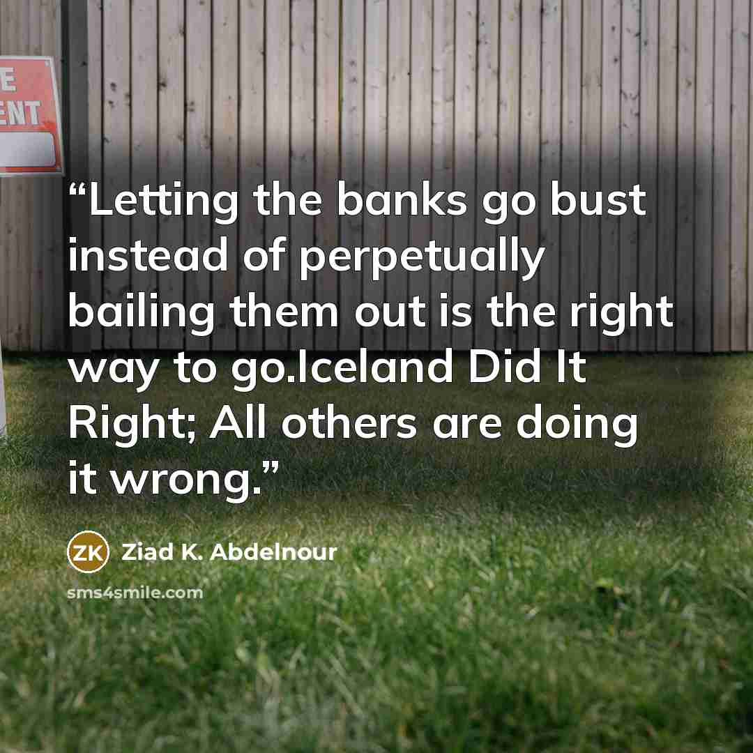 “Letting the banks go bust instead of perpetually bailing them out is the right way to go.Iceland Did It Right; All others are doing it wrong.” quote by Ziad K. Abdelnour