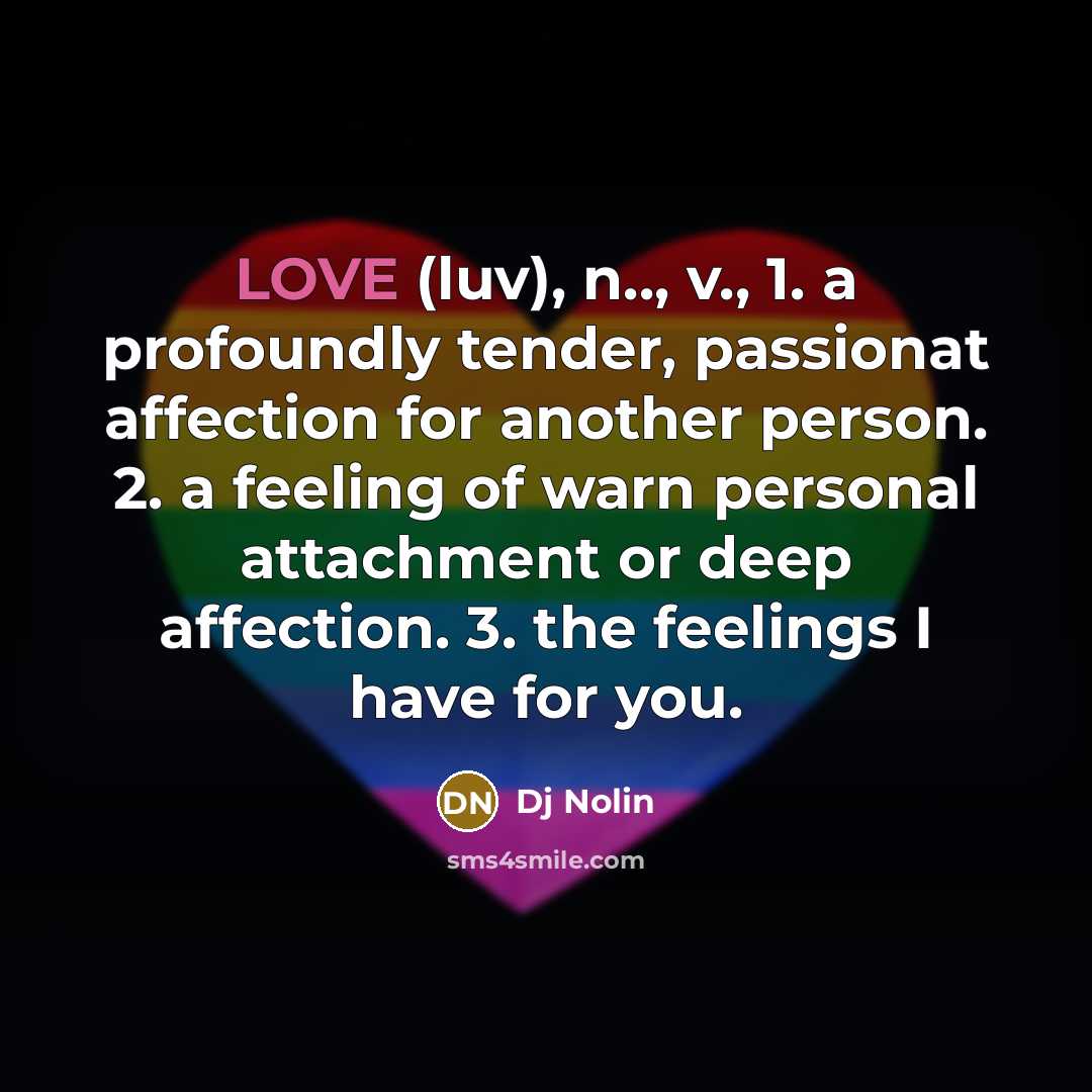 “LOVE (luv), n.., v., 1. a profoundly tender, passionat affection for another person. 2. a feeling of warn personal attachment or deep affection. 3. the feelings I have for you.” quote by Dj Nolin