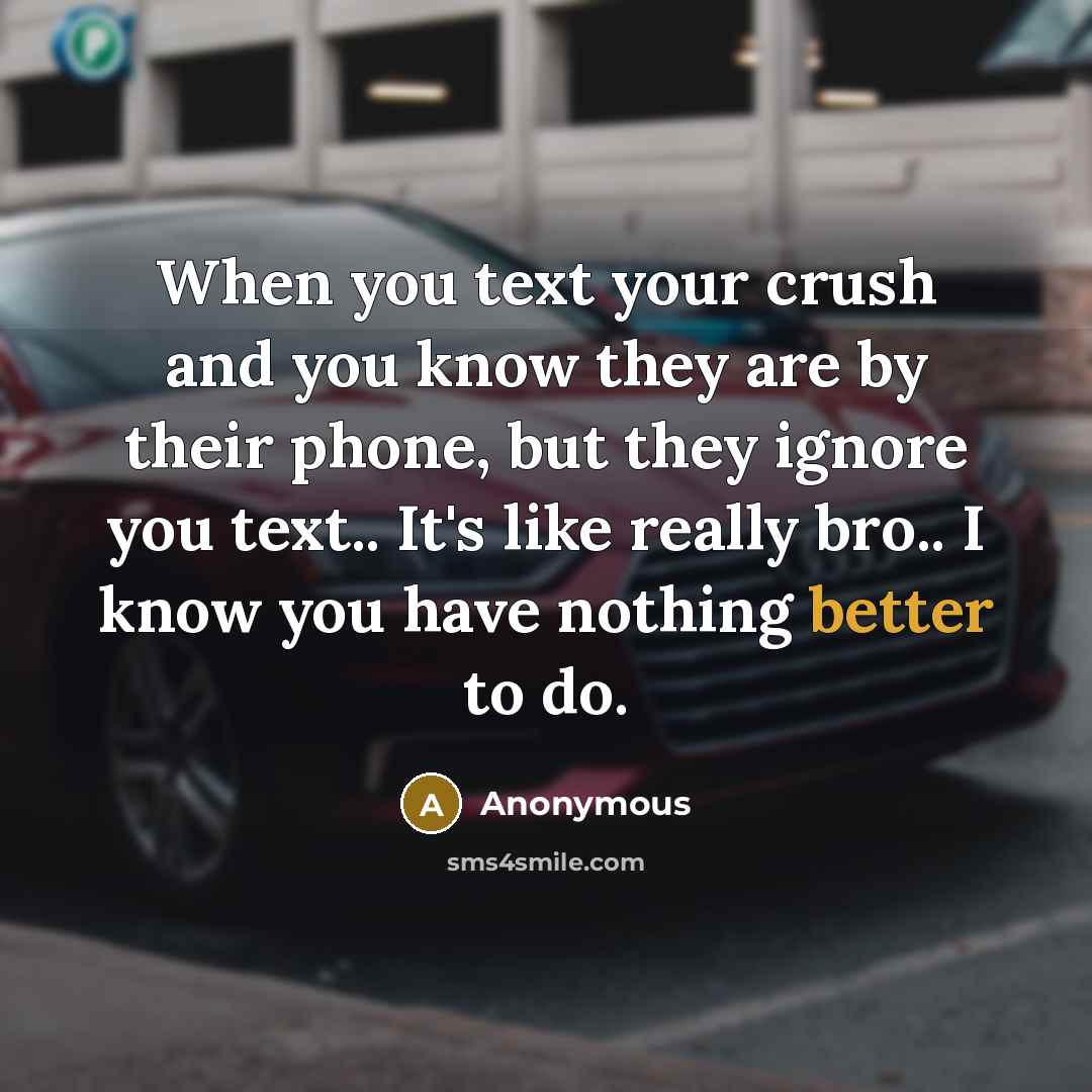 “When you text your crush and you know they are by their phone, but they ignore you text.. It's like really bro.. I know you have nothing better to do.” quote by Anonymous
