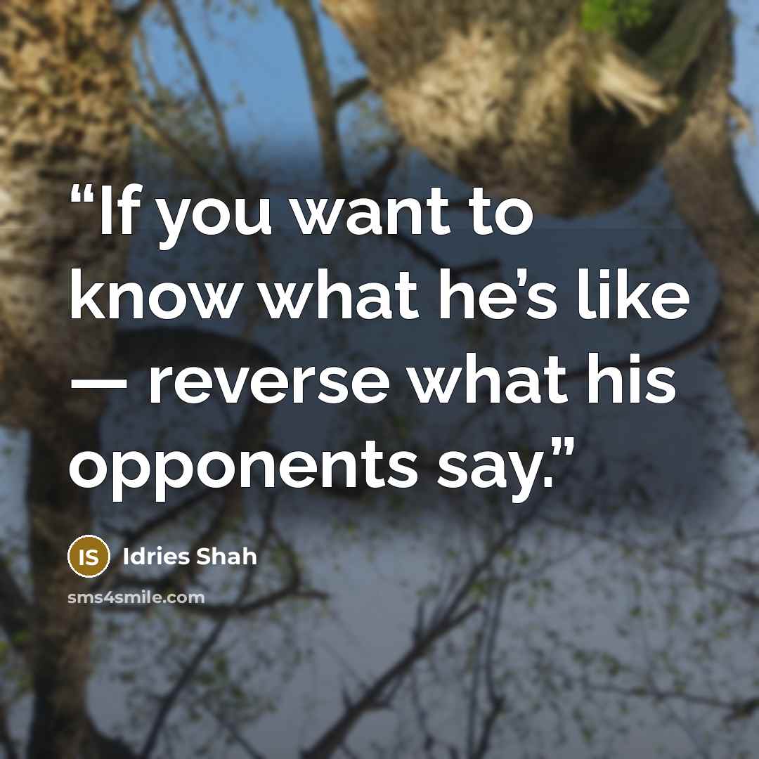 “If you want to know what he’s like — reverse what his opponents say.” quote by Idries Shah