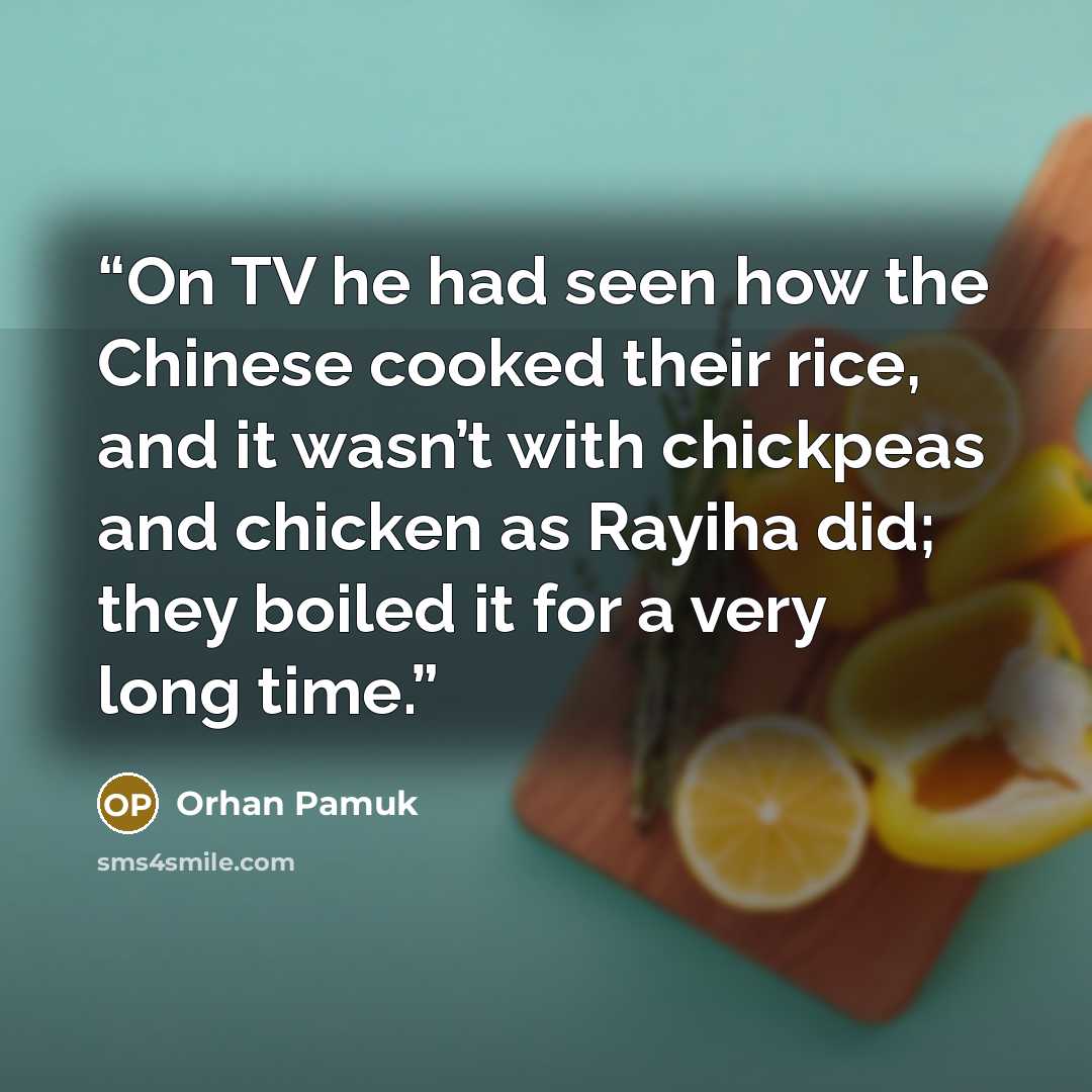 “On TV he had seen how the Chinese cooked their rice, and it wasn’t with chickpeas and chicken as Rayiha did; they boiled it for a very long time.” quote by Orhan Pamuk