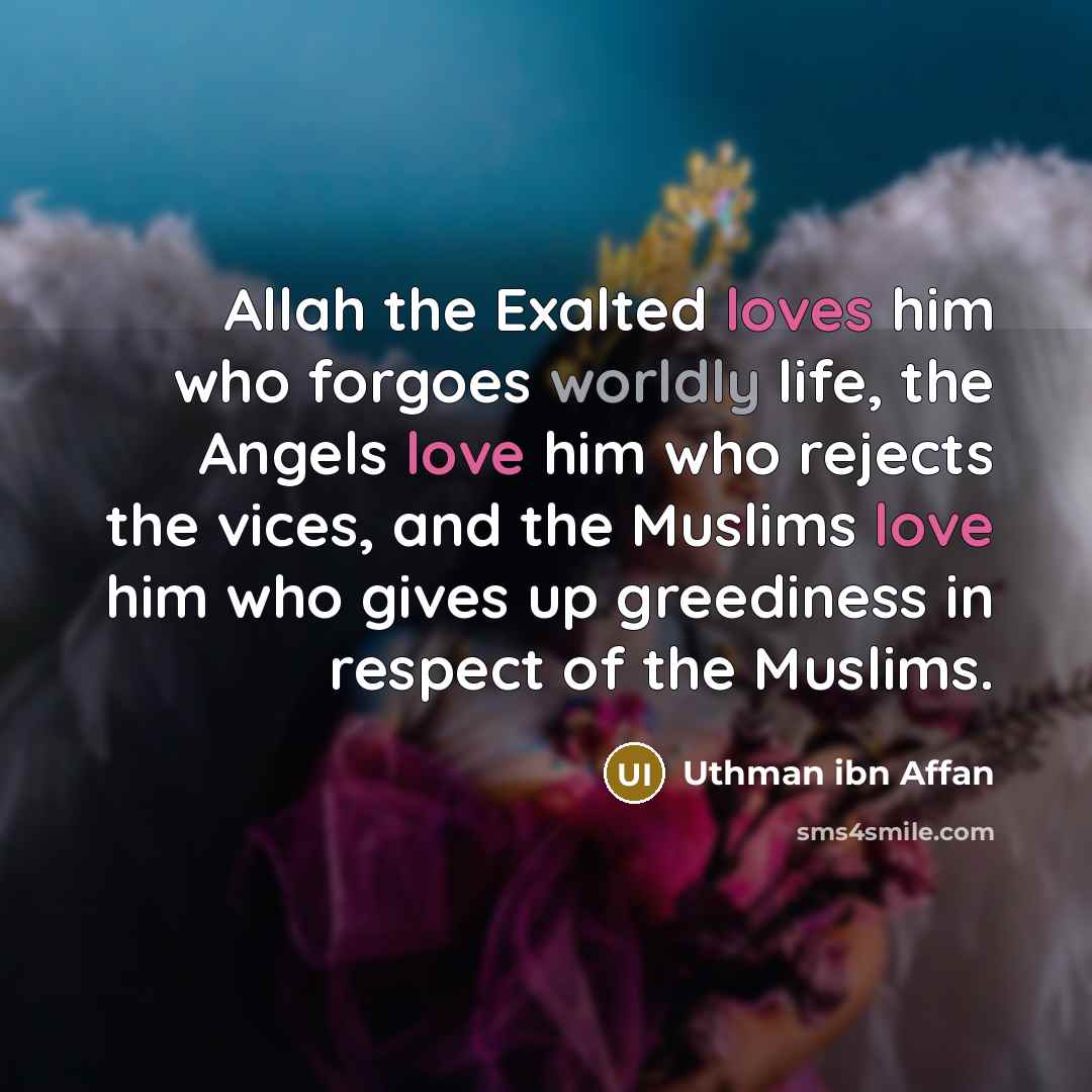 “Allah the Exalted loves him who forgoes worldly life, the Angels love him who rejects the vices, and the Muslims love him who gives up greediness in respect of the Muslims.” quote by Uthman ibn Affan