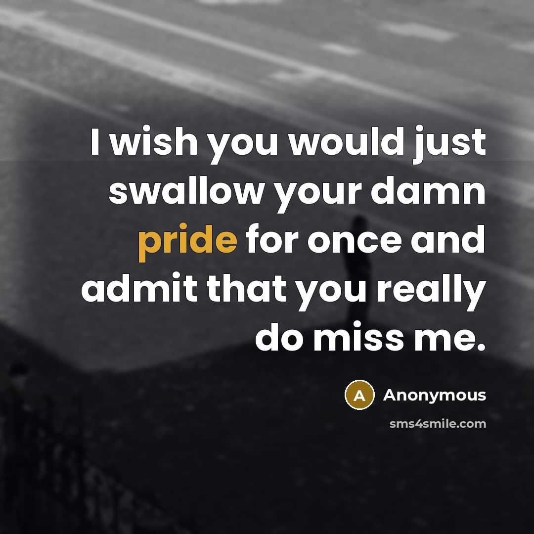 “I wish you would just swallow your damn pride for once and admit that you really do miss me.” quote by Anonymous