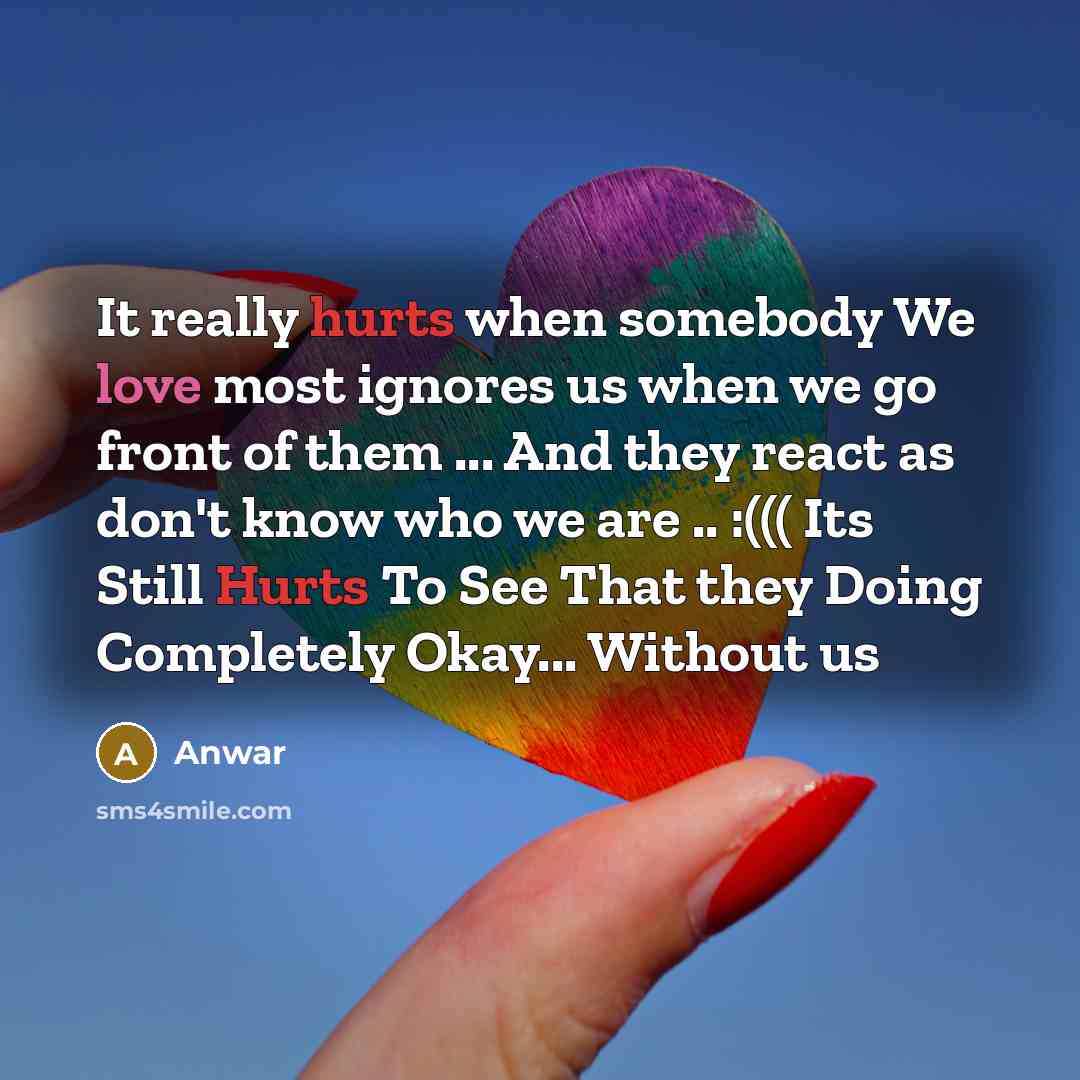 “It really hurts when somebody We love most ignores us when we go front of them ... And they react as don't know who we are .. :((( Its Still Hurts To See That they Doing Completely Okay... Without us” quote by Anwar