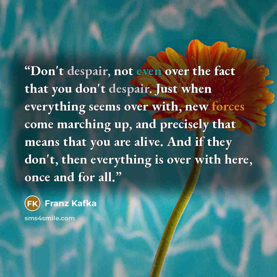 “Don't despair, not even over the fact that you don't despair. Just when everything seems over with, new forces come marching up, and precisely that means that you are alive. And if they don't, then everything is over with here, once and for all.” quote by Franz Kafka