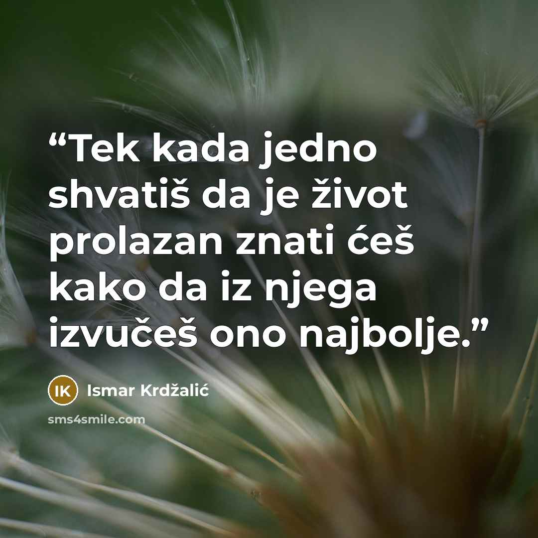 “Tek kada jedno shvatiš da je život prolazan znati ćeš kako da iz njega izvučeš ono najbolje.” quote by Ismar Krdžalić