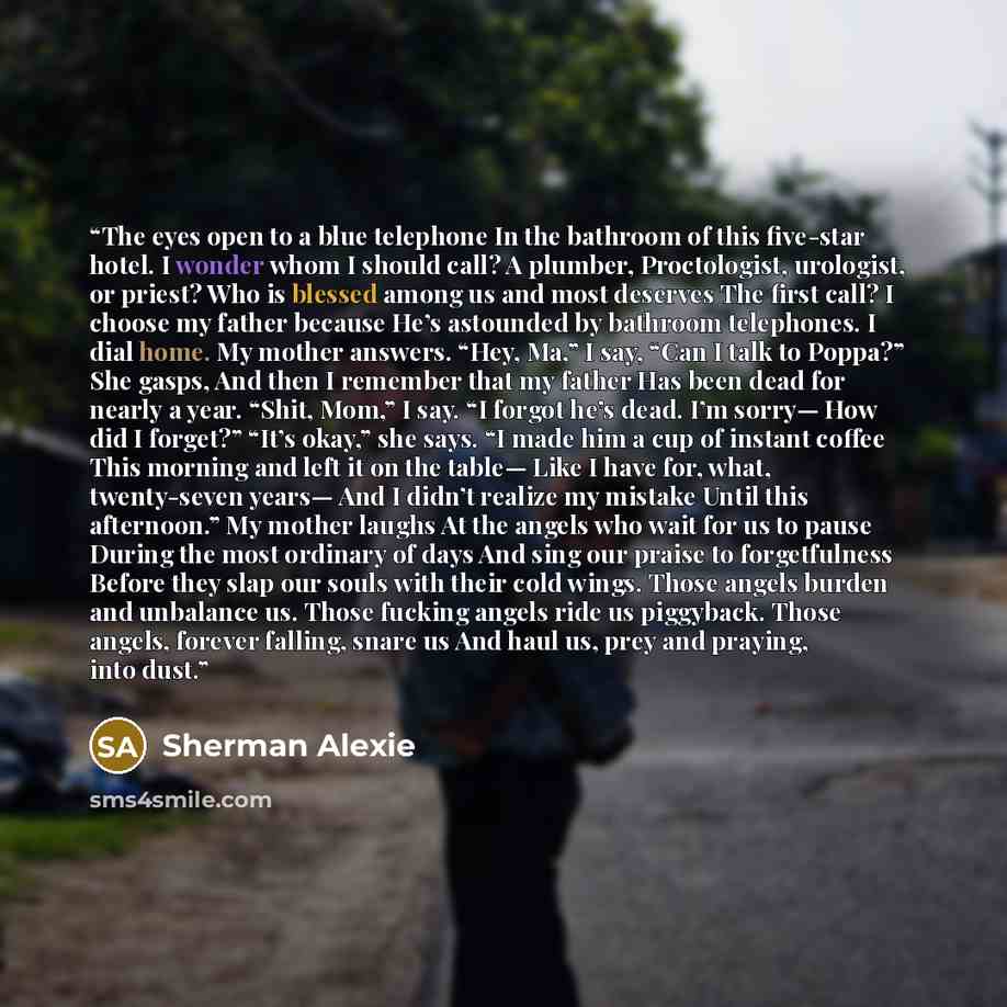 “The eyes open to a blue telephone In the bathroom of this five-star hotel. I wonder whom I should call? A plumber, Proctologist, urologist, or priest? Who is blessed among us and most deserves The first call? I choose my father because He’s astounded by bathroom telephones. I dial home. My mother…” quote by Sherman Alexie