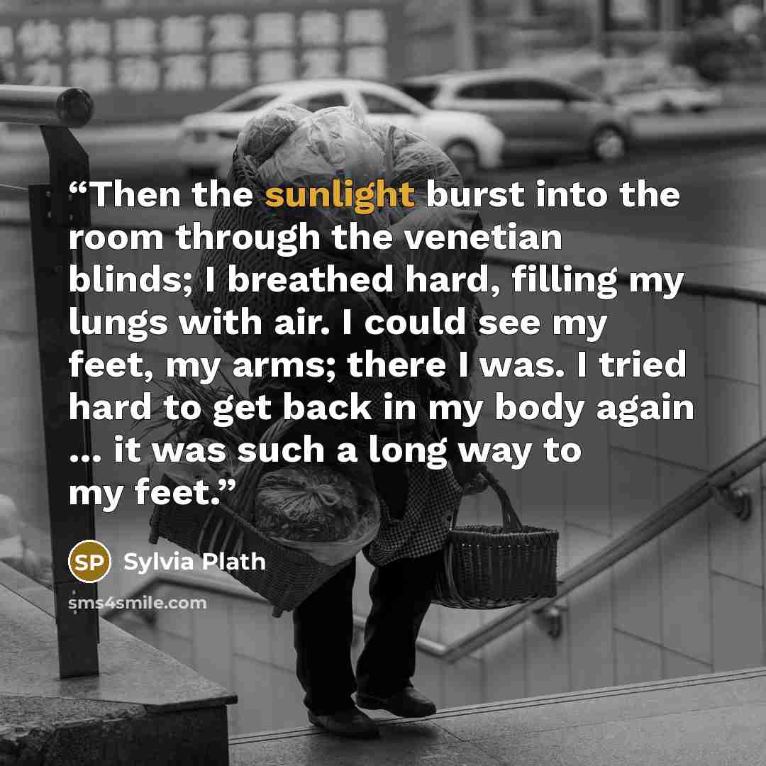 “Then the sunlight burst into the room through the venetian blinds; I breathed hard, filling my lungs with air. I could see my feet, my arms; there I was. I tried hard to get back in my body again … it was such a long way to my feet.” quote by Sylvia Plath