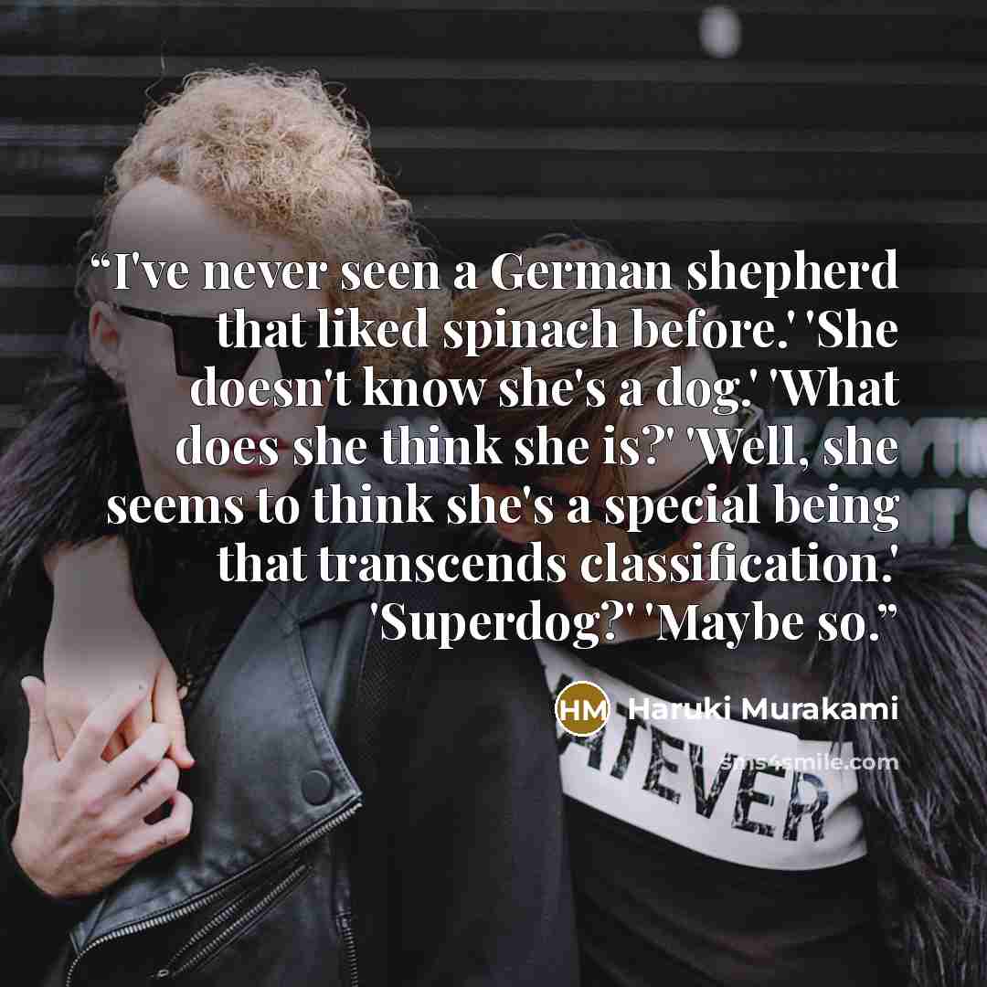 “I've never seen a German shepherd that liked spinach before.' 'She doesn't know she's a dog.' 'What does she think she is?' 'Well, she seems to think she's a special being that transcends classification.' 'Superdog?' 'Maybe so.” quote by Haruki Murakami