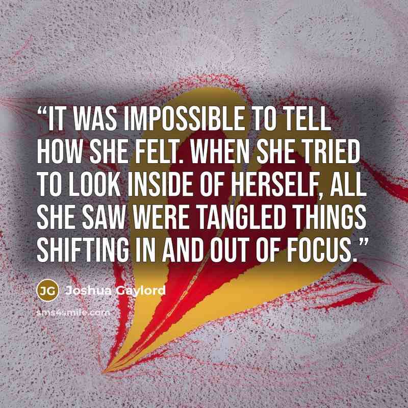 “It was impossible to tell how she felt. When she tried to look inside of herself, all she saw were tangled things shifting in and out of focus.” quote by Joshua Gaylord