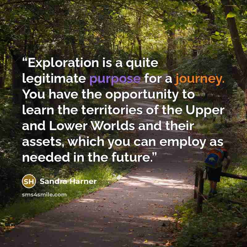 “Exploration is a quite legitimate purpose for a journey. You have the opportunity to learn the territories of the Upper and Lower Worlds and their assets, which you can employ as needed in the future.” quote by Sandra Harner