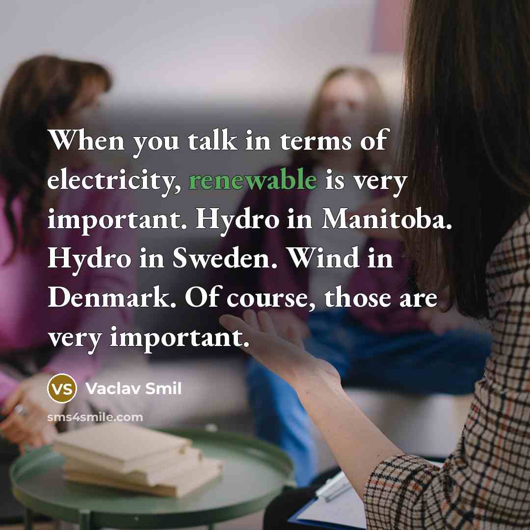 “When you talk in terms of electricity, renewable is very important. Hydro in Manitoba. Hydro in Sweden. Wind in Denmark. Of course, those are very important.” quote by Vaclav Smil