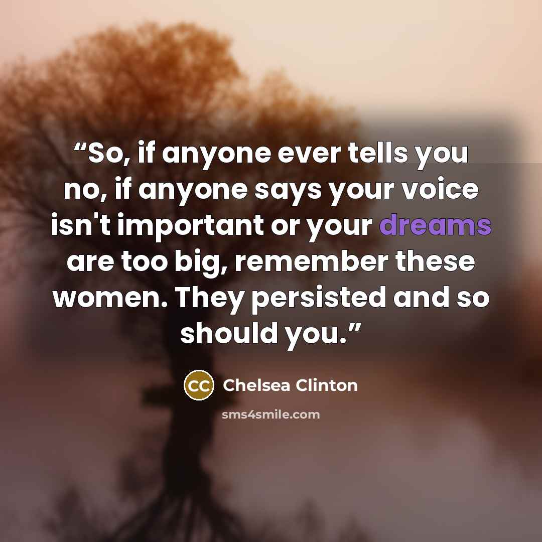 “So, if anyone ever tells you no, if anyone says your voice isn't important or your dreams are too big, remember these women. They persisted and so should you.” quote by Chelsea Clinton