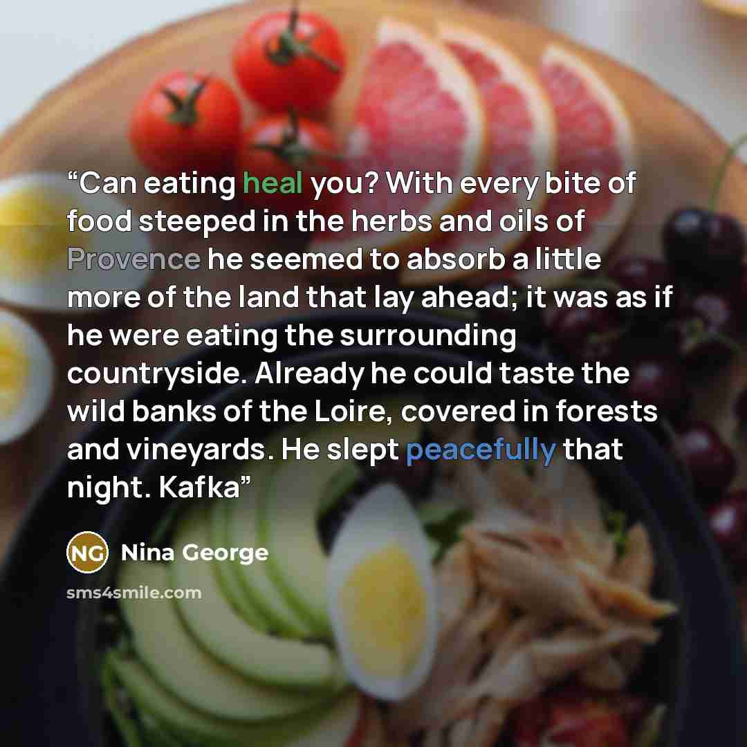 “Can eating heal you? With every bite of food steeped in the herbs and oils of Provence he seemed to absorb a little more of the land that lay ahead; it was as if he were eating the surrounding countryside. Already he could taste the wild banks of the Loire, covered in forests and vineyards. He…” quote by Nina George