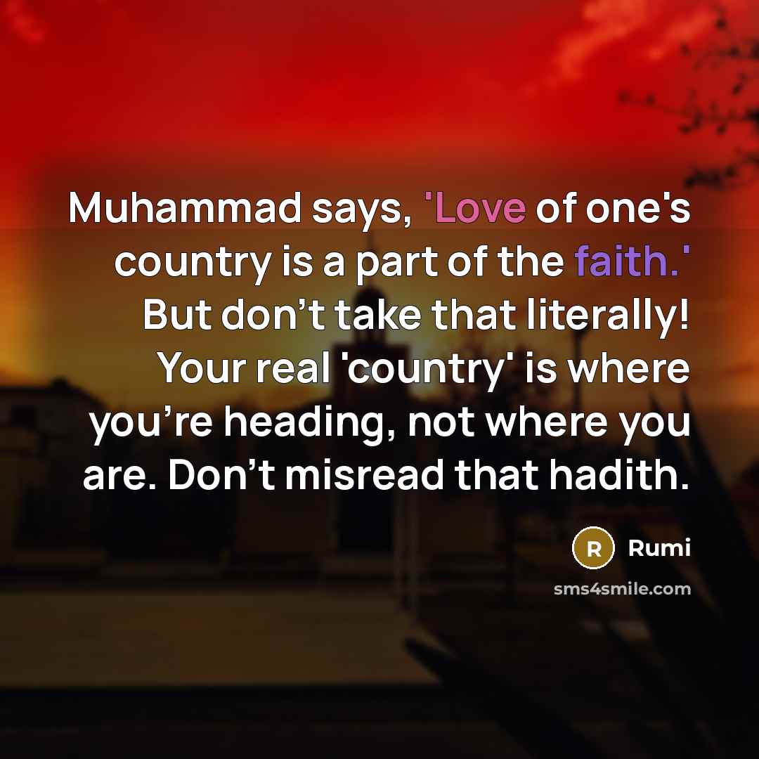 “Muhammad says, 'Love of one's country is a part of…” quote by Rumi