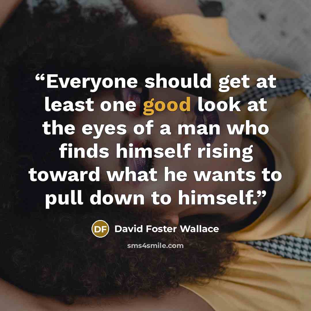 “Everyone should get at least one good look at the eyes of a man who finds himself rising toward what he wants to pull down to himself.” quote by David Foster Wallace