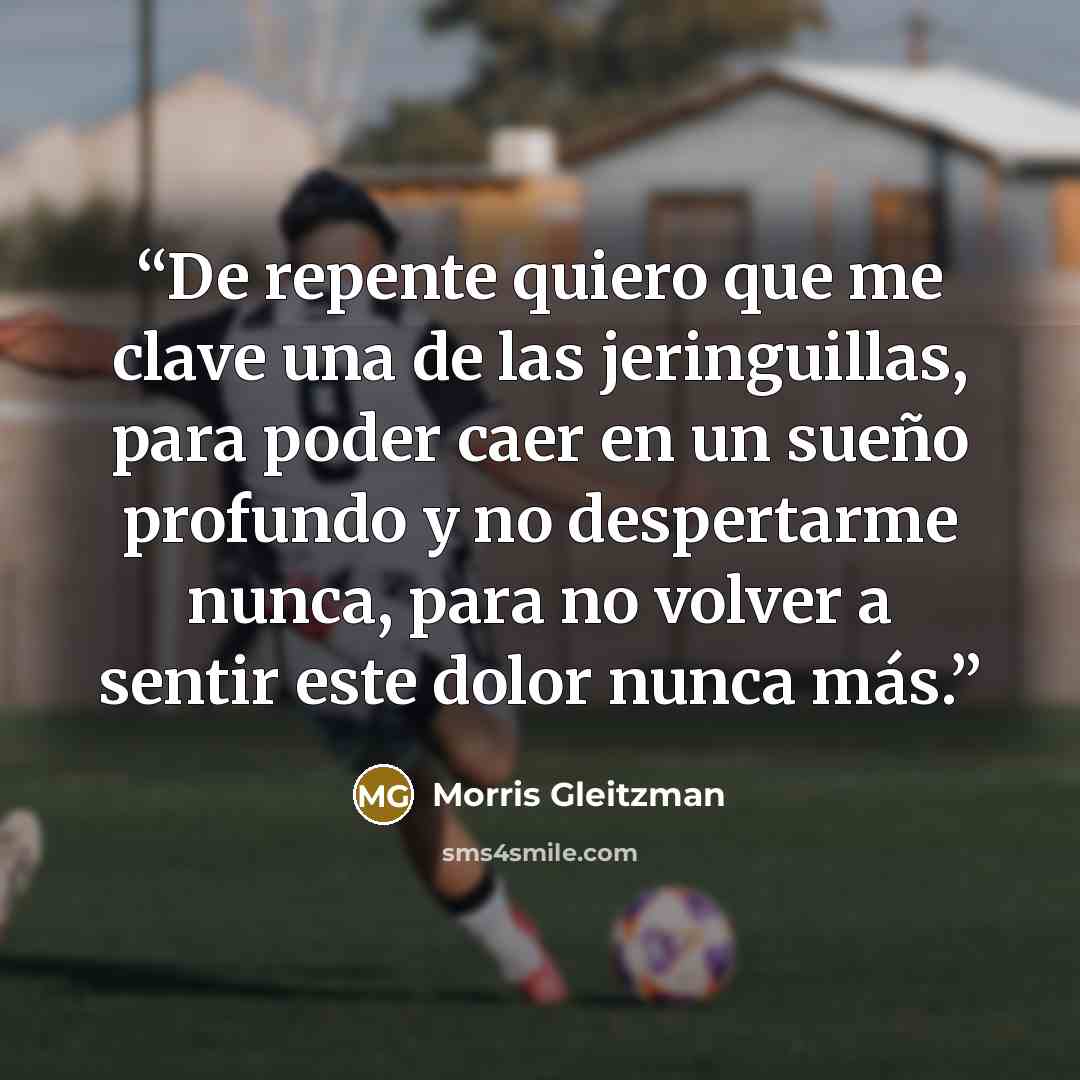 “De repente quiero que me clave una de las jeringuillas, para poder caer en un sueño profundo y no despertarme nunca, para no volver a sentir este dolor nunca más.” quote by Morris Gleitzman