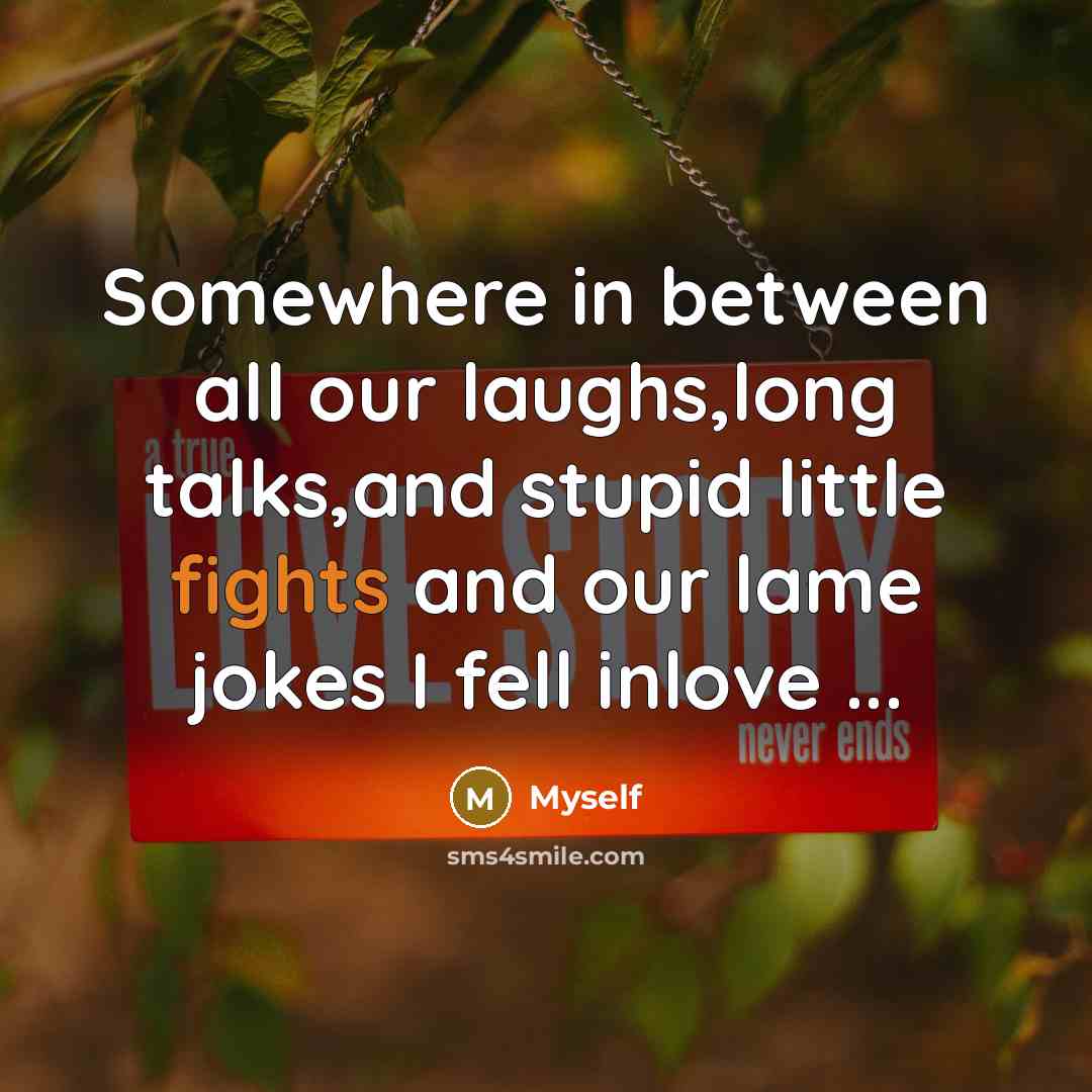 “Somewhere in between all our laughs,long talks,and stupid little fights and our lame jokes I fell inlove ...” quote by Myself