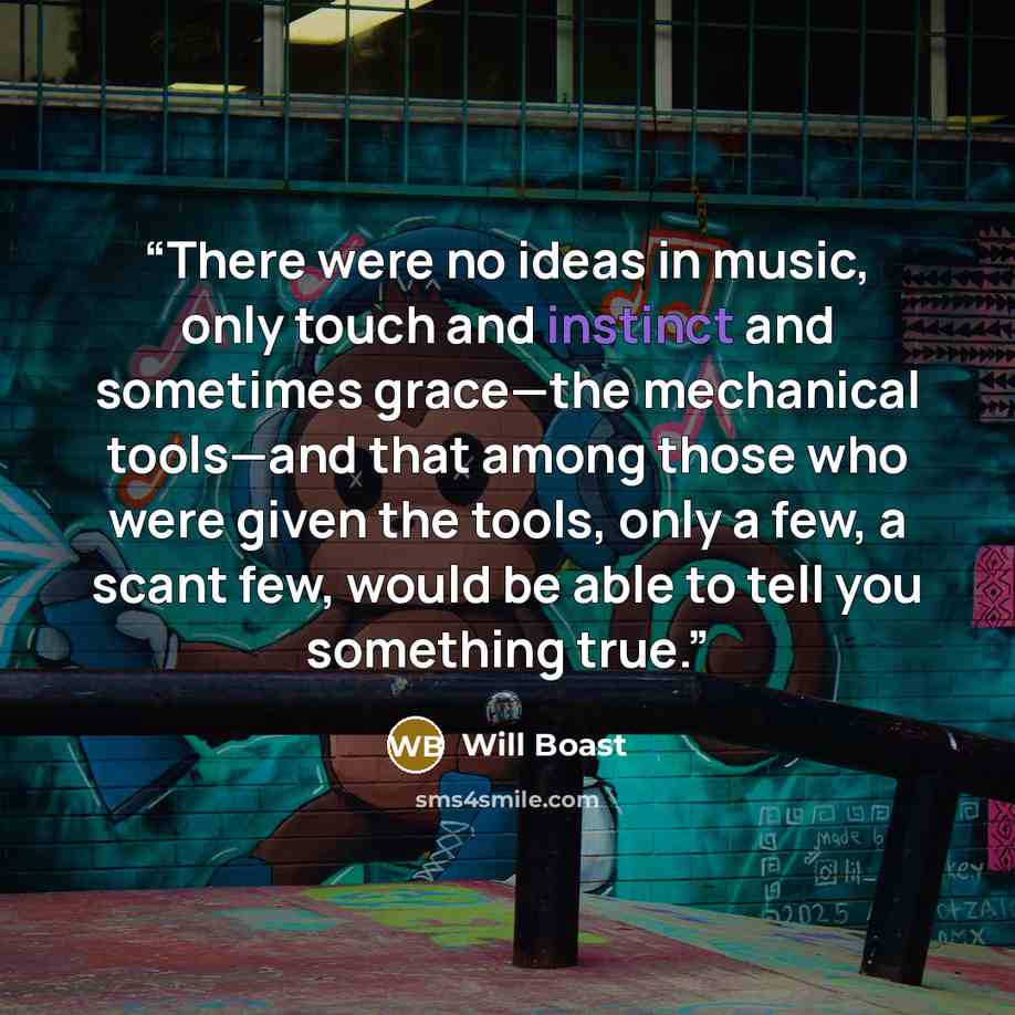 “There were no ideas in music, only touch and instinct and sometimes grace—the mechanical tools—and that among those who were given the tools, only a few, a scant few, would be able to tell you something true.” quote by Will Boast