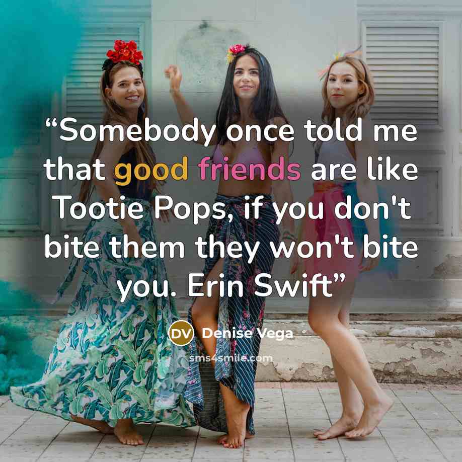“Somebody once told me that good friends are like Tootie Pops, if you don't bite them they won't bite you. Erin Swift” quote by Denise Vega
