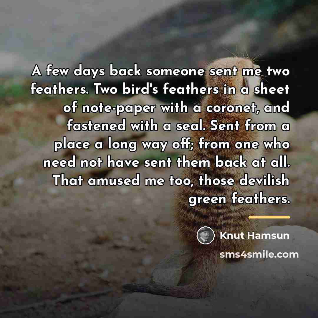 “A few days back someone sent me two feathers. Two…” quote by Knut Hamsun