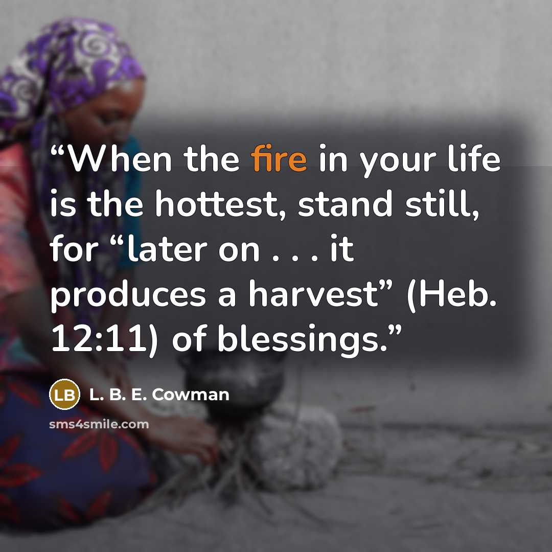 “When the fire in your life is the hottest, stand still, for “later on . . . it produces a harvest” (Heb. 12:11) of blessings.” quote by L. B. E. Cowman