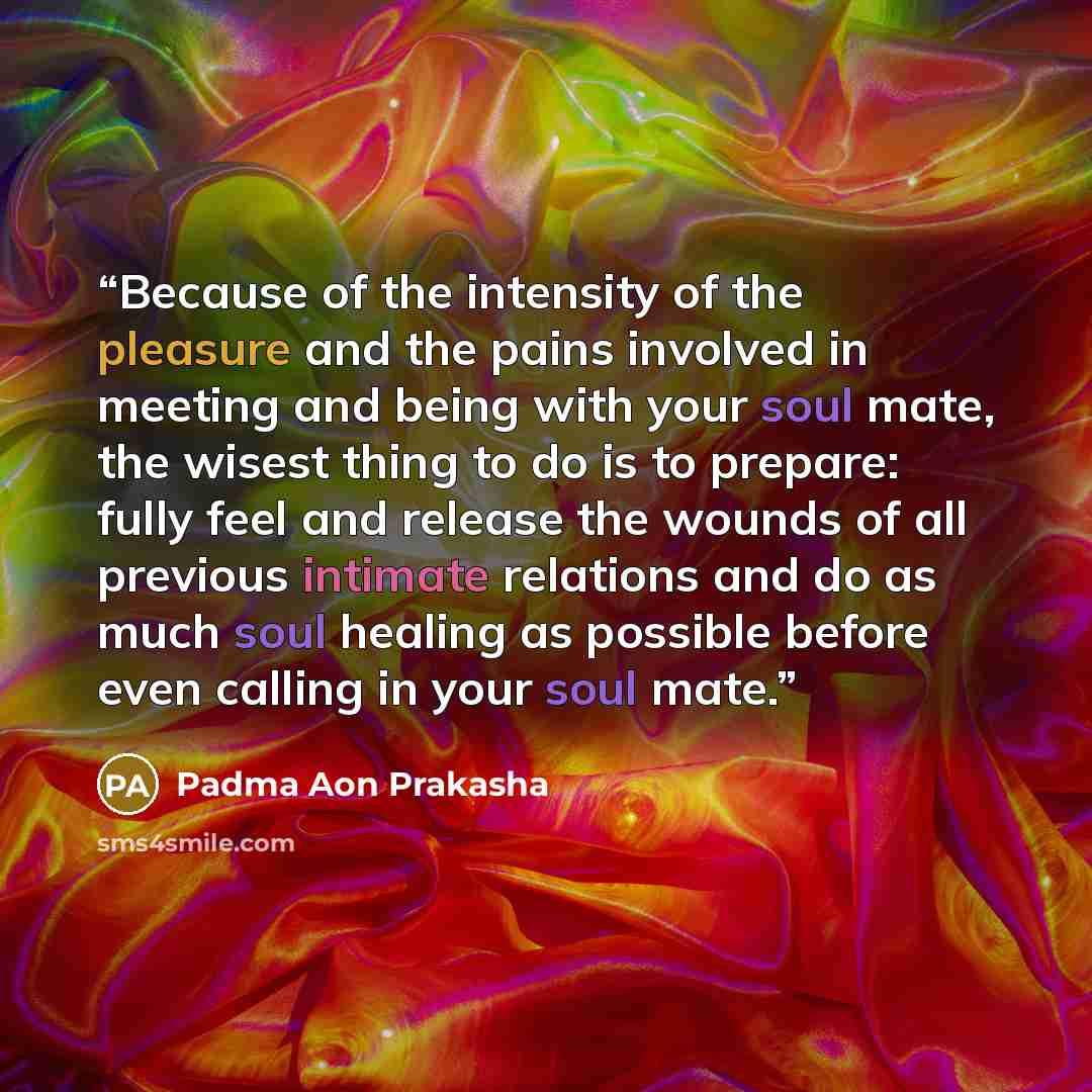 “Because of the intensity of the pleasure and the pains involved in meeting and being with your soul mate, the wisest thing to do is to prepare: fully feel and release the wounds of all previous intimate relations and do as much soul healing as possible before even calling in your soul mate.” quote by Padma Aon Prakasha