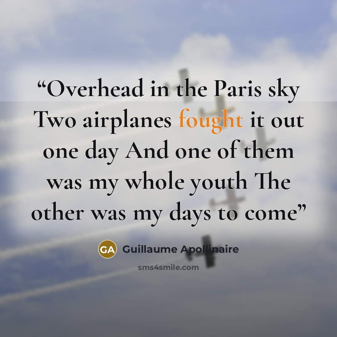 “Overhead in the Paris sky Two airplanes fought it out one day And one of them was my whole youth The other was my days to come” quote by Guillaume Apollinaire
