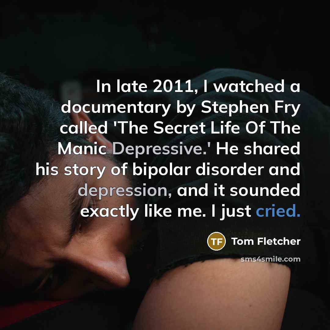 “In late 2011, I watched a documentary by Stephen Fry called 'The Secret Life Of The Manic Depressive.' He shared his story of bipolar disorder and depression, and it sounded exactly like me. I just cried.” quote by Tom Fletcher
