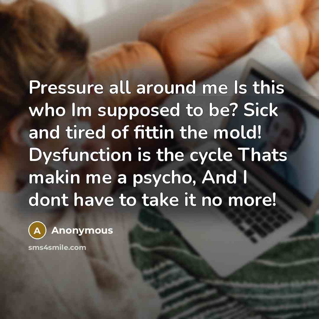 “Pressure all around me Is this who Im supposed to be? Sick and tired of fittin the mold! Dysfunction is the cycle Thats makin me a psycho, And I dont have to take it no more!” quote by Anonymous
