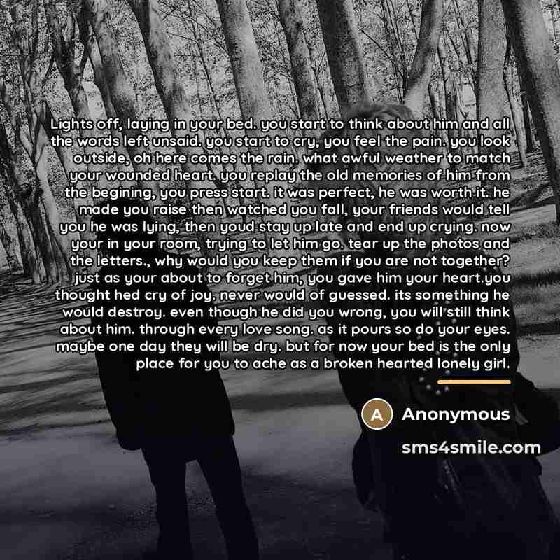 “Lights off, laying in your bed. you start to think…” quote by Anonymous